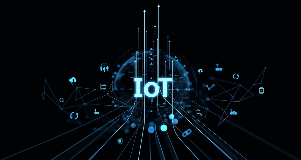 Glowing IoT text surrounded by various technology icons, representing interconnected devices and data flow, on a dark background. Concept of Internet of Things. 3D Rendering