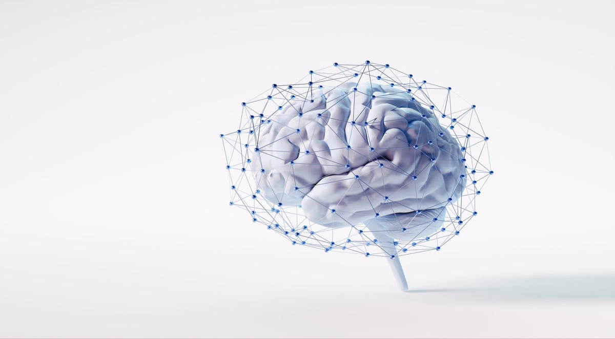 White brain surrounded with digital neural network structure on white background - Artificial intelligence concept - 3D illustration