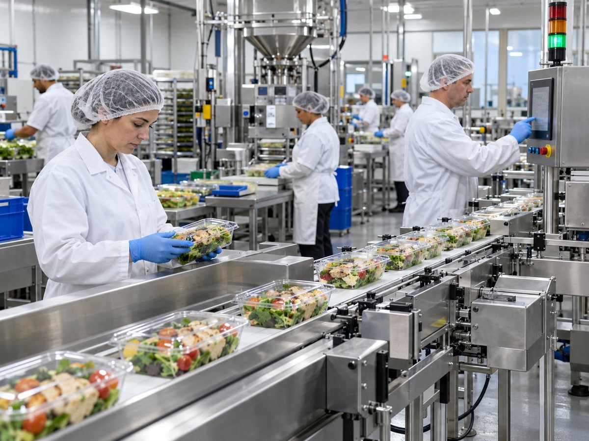 Food processing facility workers in white coats and hairnets packaging fresh salads on automated conveyor lines